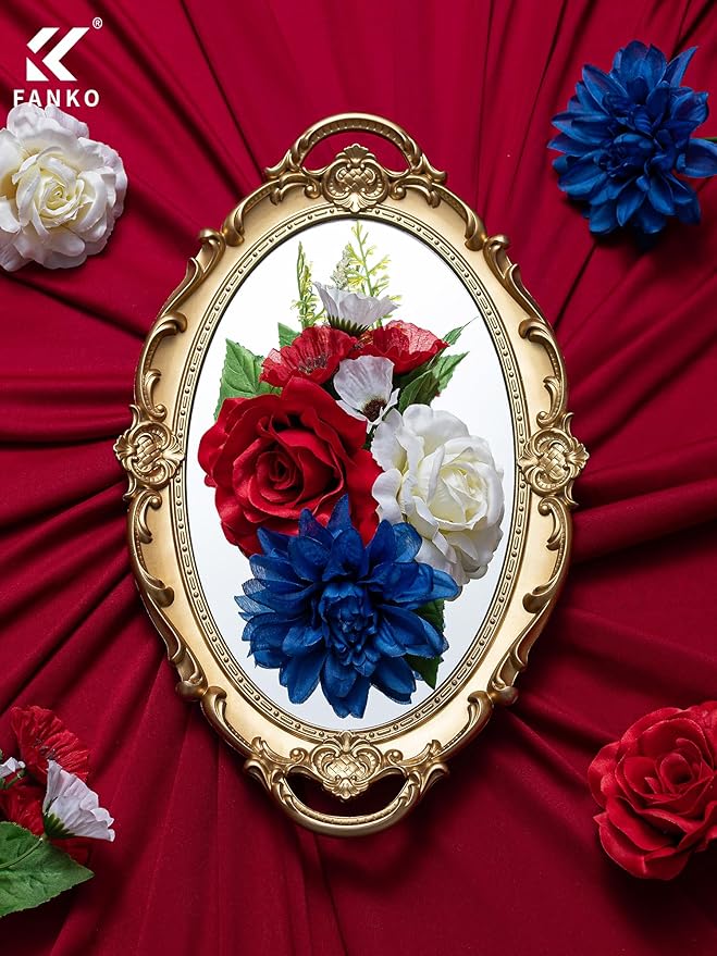 FANKO Artificial Flower Memorial Day Flowers, Mixed Red Blue White Silk Flowers Bouquet Fake Rose Blue Dahlia for Veterans Day Independence Day Grave Patriotic Decor