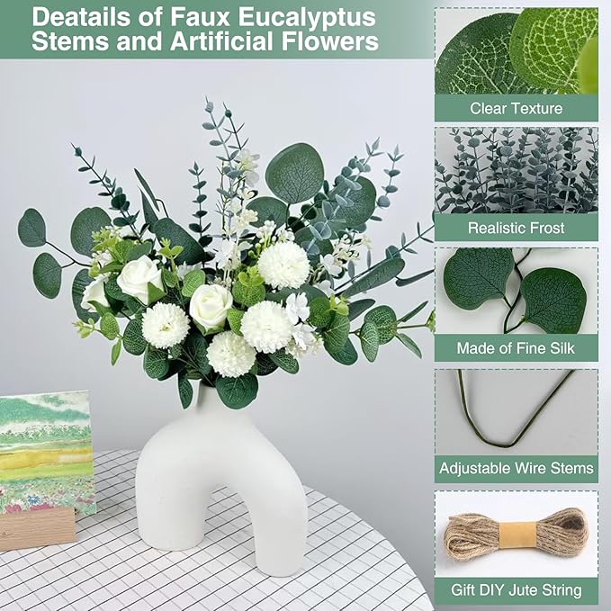 Artificial Greenery Stems Set 110 Pcs 8 Kinds of Faux Eucalyptus Stems and Flowers Fake Silver Dollar Eucalyptus Leaves Stems Bulk for Wedding DIY Bouquets Vase Table Centerpieces Decor