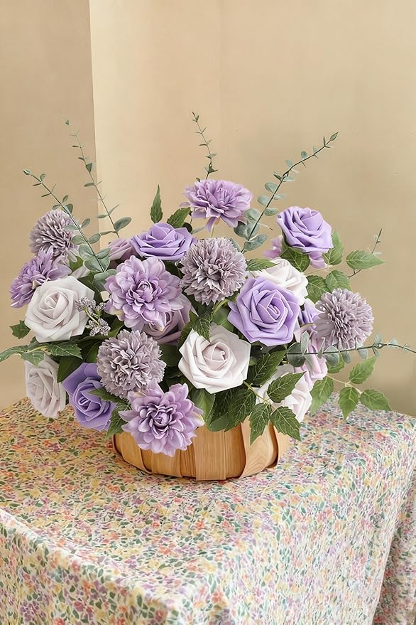 Artificial Flowers Combo Box Set Gradient Color Flower Leaf with Stems for DIY Wedding Bouquets Centerpieces Baby Shower Party Home Decorations (Lavender Purple)