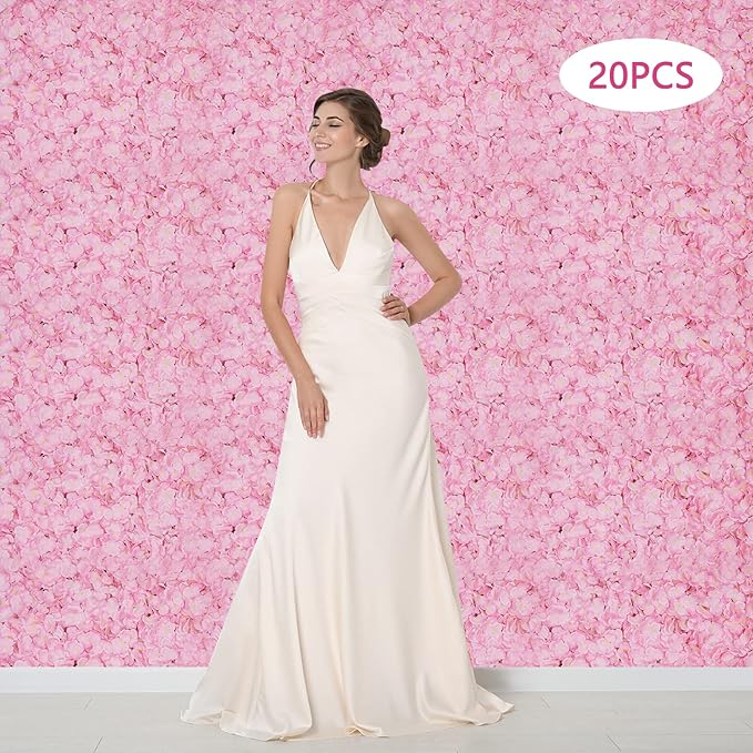 20PCS Artificial Floral Wall Backdrop, 3D Pink Flower Wall Panel, Realistic Silk Flower Backplanes, Roll Up Fake Flower Background for Valentines Wedding Party Photo Arrangement Outdoor Decor