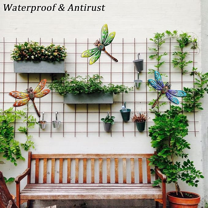 Dragonfly Wall Art Decor, Metal Indoor Outdoor Fence Outside Christmas Decorations for Living Room Bedroom, 9 Inch 3 Pack, Hand-made Vibrant Ornament Sculpture for Patio Balcony