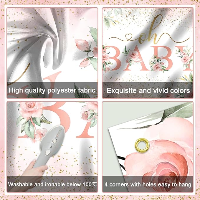 Mocsicka Oh Baby Backdrop Pink Floral Baby Shower Banner for Girls Party Decorations Photo Booth Props (Pink, 8x6ft)