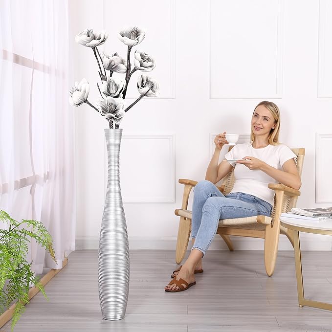 Leewadee Decorative Tall Floor Vase for Living Room Decor, 34 inches, Silver, Resin