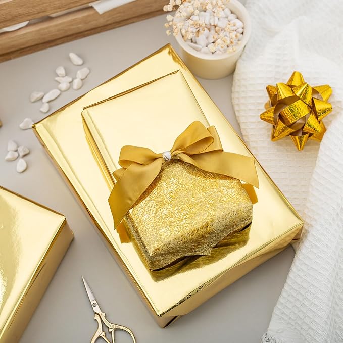 Merture 30 In X 32.8 Ft (81.7 sq.ft.) Gold Wrapping Paper Roll, Gift Wrap with Metallic Shine for Wedding, Birthday, Party, Holiday, Congrats, Mother’s Day