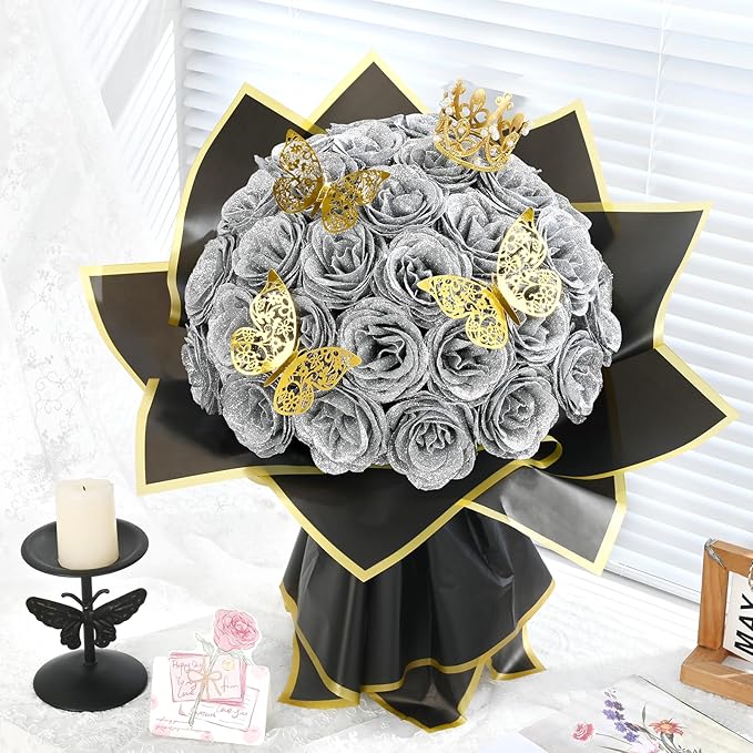 Waipfaru Glitter Roses Bouquet, DIY Fake Flowers Bouquet, Birthday Gifts for Women Mom, 24 Pcs Silver Rose for Grandma Wife Girlfriend Valentines, Mothers Day, Anniversary, Graduation