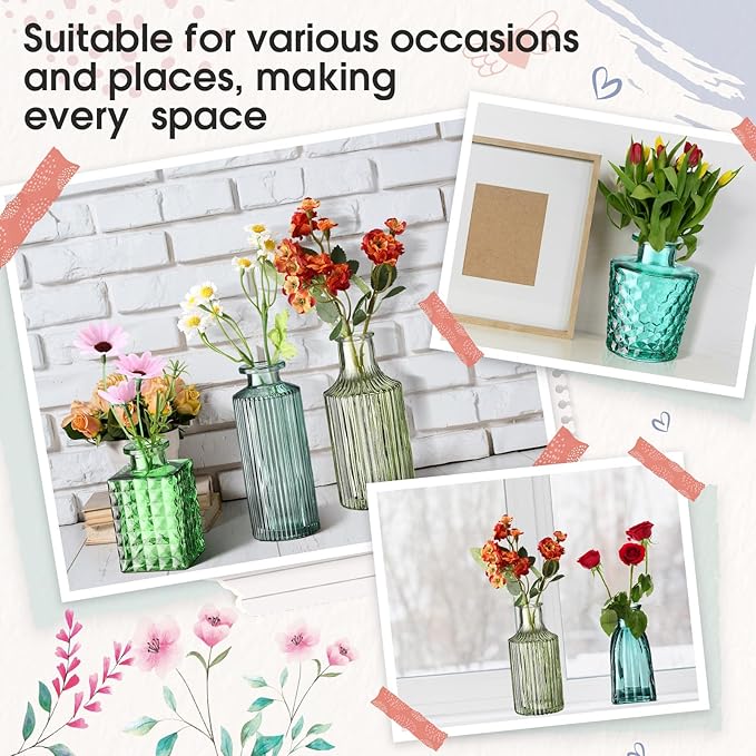 Yaomiao 30 Pcs Vases Bulk Colored Flower Glass Christmas Vases Bud Vintage Colored Glass Bottles Colorful Rustic Embossed for Home Wedding Table Decorations Gifts(Green Series)