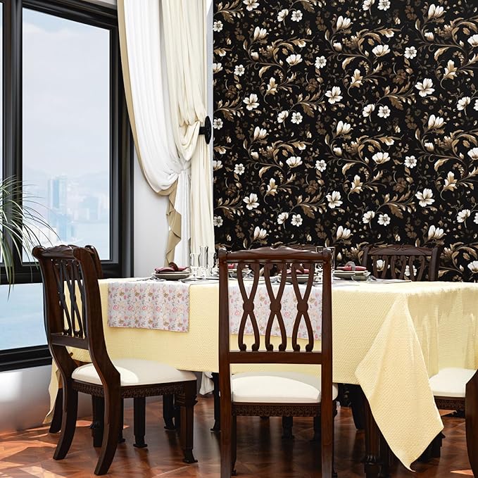 Vintage Wallpaper Peel and Stick Black Floral Wallpaper Black White Wall Paper Vintage Leaf Contact Paper Waterproof Self-Adhesive Wall Covering for Bedroom Countertop Desk Cabinet 17.4" x 393"