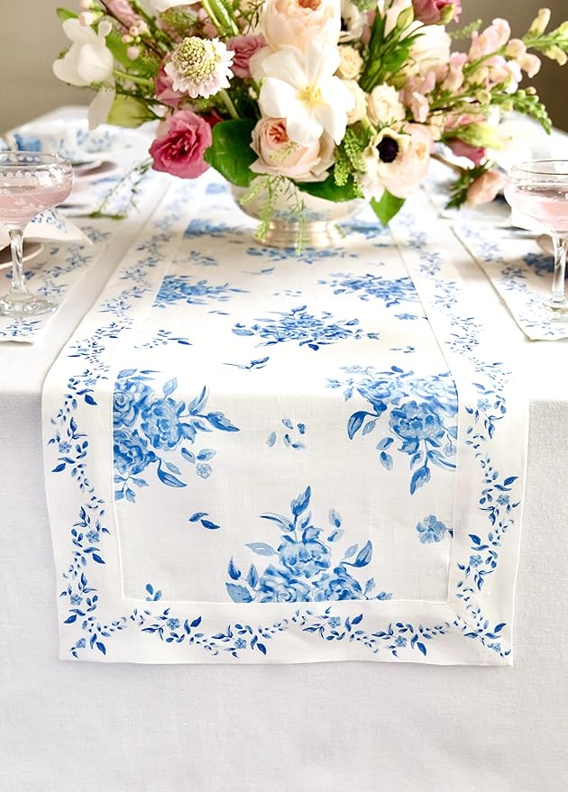 Solino Home Blue Floral Print Table Runner 108 Inches Long - 100% Pure Linen Table Runner 14 x 108 Inch - Handcrafted and Machine Washable - Jolie Fleur Print