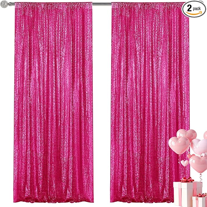 Fuchsia Sequin Backdrop Curtain 2 Pieces 2FTx8FT Glitter Photography Backdrop for Party Wedding Birthday Christmas Decorations