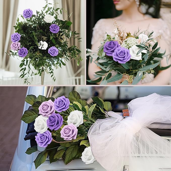 200PCS Artificial Flowers Purple Mixed Series Roses Real Looking Foam Fake Roses with Leaves and for DIY Wedding Bouquets Bridal Shower Centerpieces Party Decorations (Purple Series, 200)
