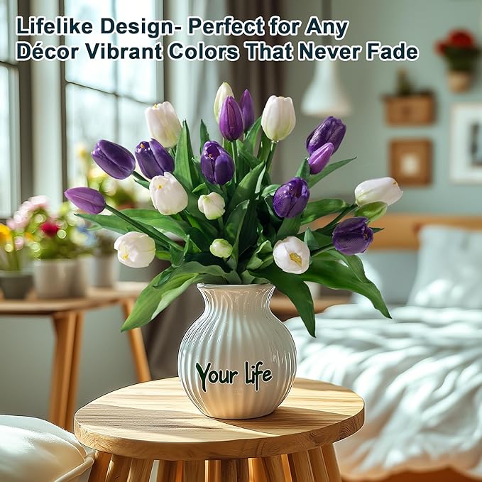 20PCS Fake Tulips Artificial Tulip Silk Flowers Fake PU Bouquet Artificial Flowers Faux Flowers with Gift Box Soft Faux Tulips Bouquets Arrangements for Party Wedding Home