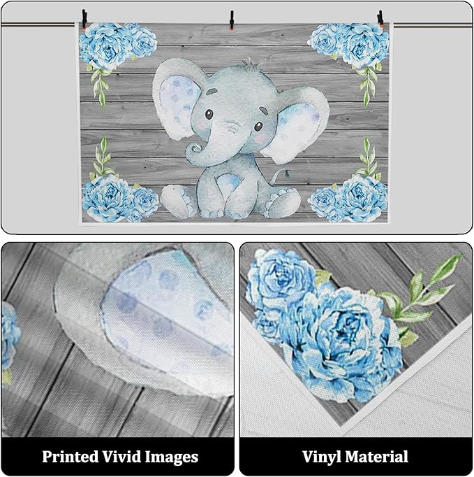 AOFOTO 9x6ft Baby Boy Elephant Backdrop Baby Shower Party Decoration Banner Photography Background Watercolor Flower Rustic Grey Wood Cartoon Animal Newborn Kid Child Birthday Photo Studio Props
