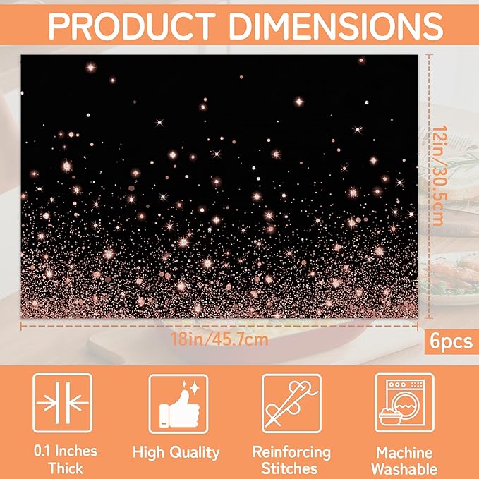 Pink Glitter Heart Placemats Set of 6,Dinner Table Mats Non-Slip Washable Mats for Kitchen Dinner Party Tablemat 12x18Inch