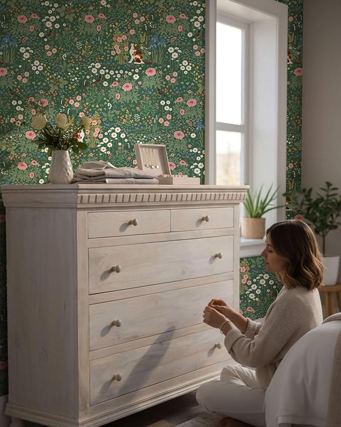 Heroad Floral Peel and Stick Wallpaper Green Wallpaper Boho French Country Contact Paper Vintage Cat Birds Removable Self-Adhesive Wall Paper for Bedroom Kitchen Cabinets Decoration Vinyl 17.3”x78.7”