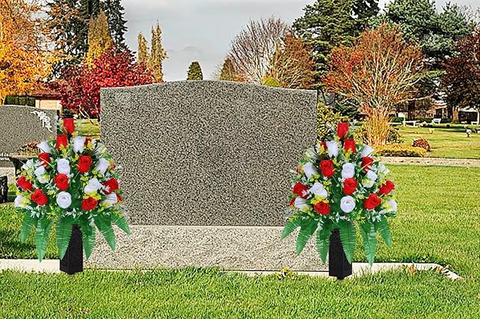Artificial Cemetery Flowers, Gravesite Decoration Roses, Memorial Bouquets with Cemetery Vase, Vibrant and Long-Lasting Colors (Red + White, 2 Bundles)