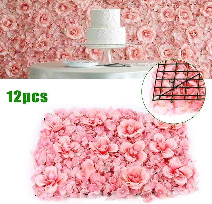 Gdrasuya10 12 Pcs Artificial Flower Wall Panels 3D Flower Background Panel for Wall, 40x60cm Wedding Flower Decorations Wall Silk Rose Panels for Party, Nail, Photo Areas, Stage Background (Pink)