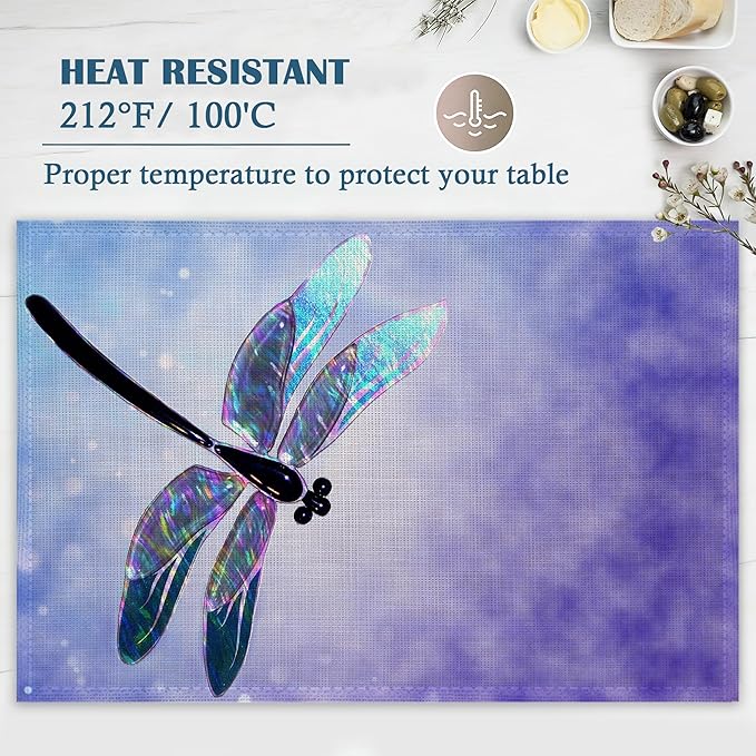 Retro Glass Dragonfly Placemats Set of 4, Waterproof Place Mats Non-Slip Washable Table Mats Set for Kitchen Dining Holiday Party Wedding Decor 12x18 Inch
