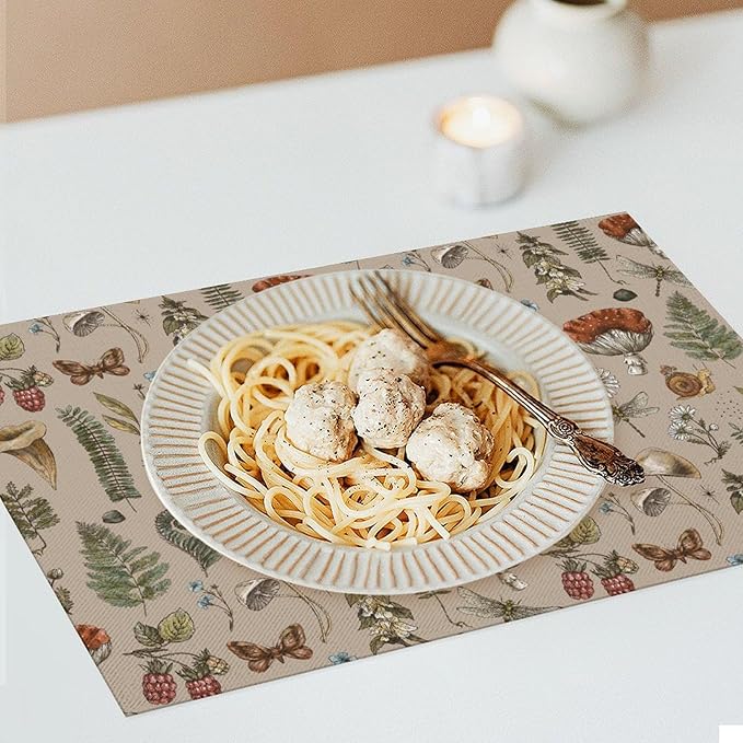 Mushroom Placemats Set of 6,Vintage Gothic Mushroom Fern Kitchen Place Mats Linen 12x18 Inch,Brown 6 PCS, Style-6