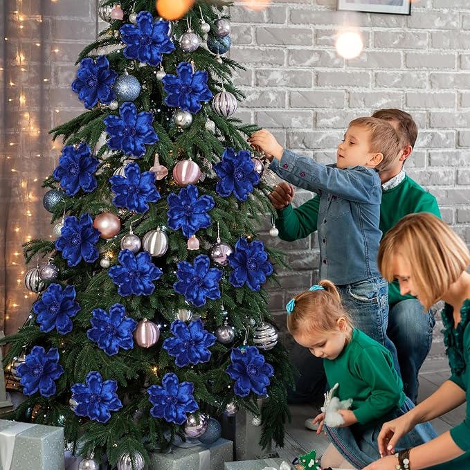 20 Pcs Christmas Glitter Poinsettia Magnolia Flowers Ornaments Large Heads Artificial Magnolia Flowers for Christmas Tree Xmas Wreath Holiday Wedding Decor(Dark Blue)