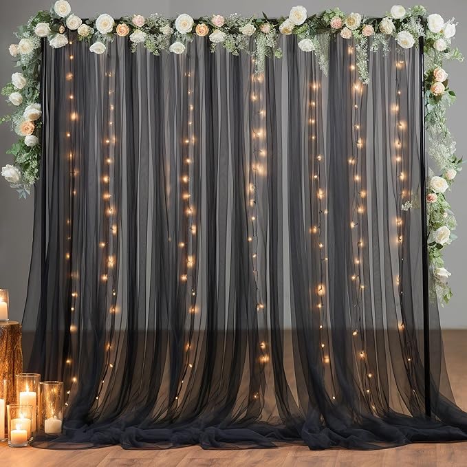 10x8ft Black Tulle Backdrop Curtain with Lights String for Parites, Sheer Backdrop Curtains for Wedding Baby Shower Birthday Party Photo Shoot Decorations