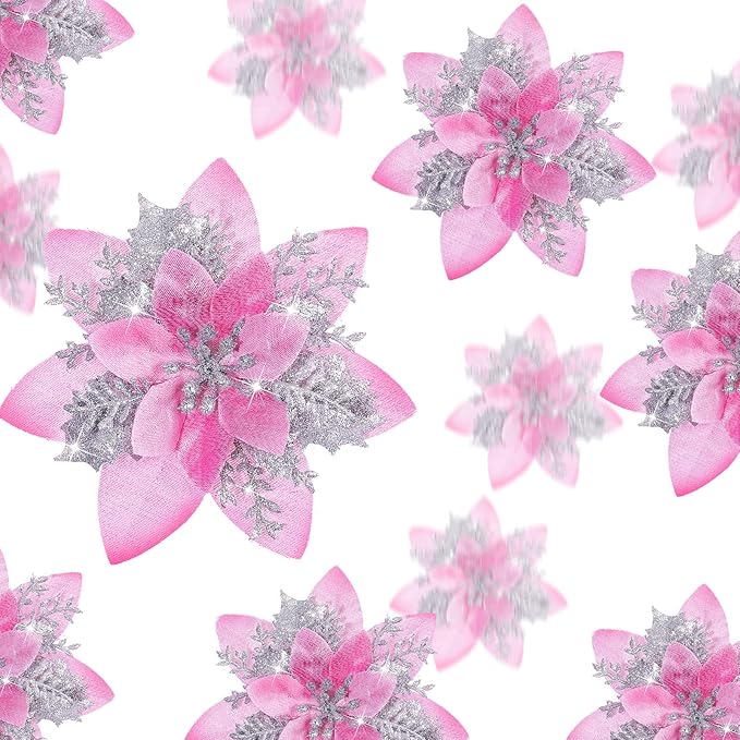 Geosar 36 Pcs Christmas Glitter Artificial Poinsettia Flowers Xmas Poinsettia Artificial Wedding Flowers Decorations Xmas Tree Ornaments with Clips for Party, 6 Inch, 4 Inch, 3 Inch(Pink and Silver)
