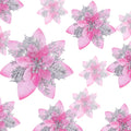 Geosar 36 Pcs Christmas Glitter Artificial Poinsettia Flowers Xmas Poinsettia Artificial Wedding Flowers Decorations Xmas Tree Ornaments with Clips for Party, 6 Inch, 4 Inch, 3 Inch(Pink and Silver)