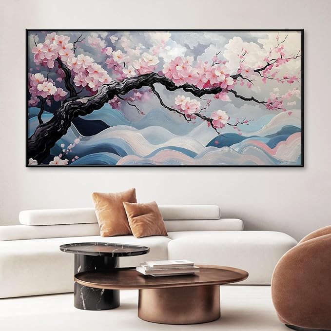 Japanese Cherry Blossom Canvas Wall Art, Sakura Tree Canvas Print, Pink Floral Pictures, Cherry Blossom Tree Wall Art, Flower Branch Decor, Nature Prints for Living Room (Black Framed, 55"x27" | 140x70cm)