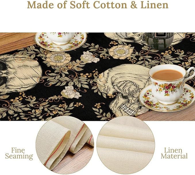 Gothic Table Runner,Vintage Floral Skull Print Table Runner for Home Kitchen Table Dining Garden Farmhouse Wedding Party Decor 13x70 Inch