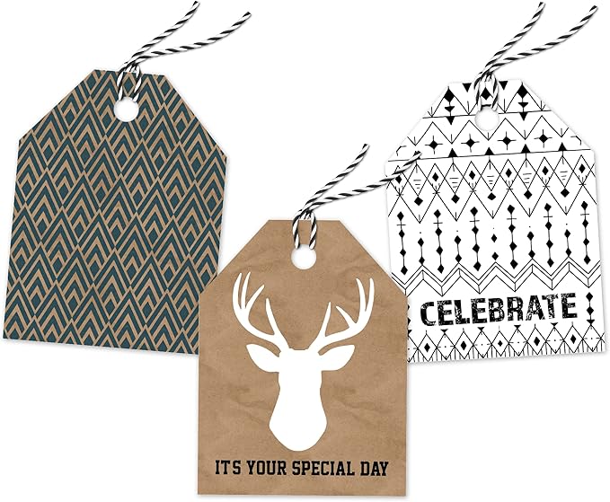 Pro Supply Global 24 Count of 2.5 Inch x 3 Inch Pre Strung Deer Heads Gift Tag Assorted Printed Designs on Large Cardstock Gift Hang Tags - Ideal to Use on Bags