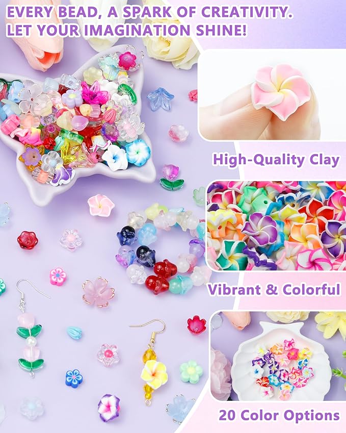 FIVEIZERO 80PCS Clay Plumeria Flower Beads, 20 Colors Hawaiian Polymer Floral Bead Charms for Bracelets, Necklaces & DIY Jewelry Making Crafts