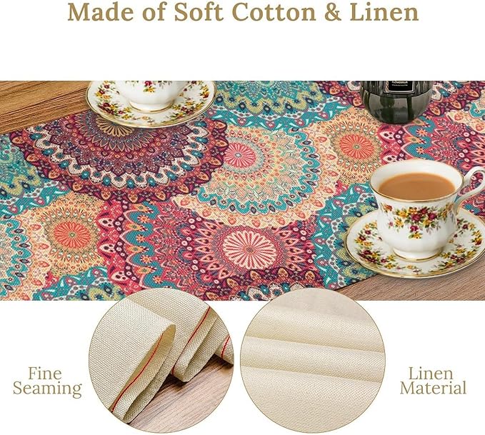 Bohemian Table Runner, Colorful Traditional Blue Pink Mandala Flower Table Runner for Kitchen Dining Cafe Party Decor, 13x120 Inch