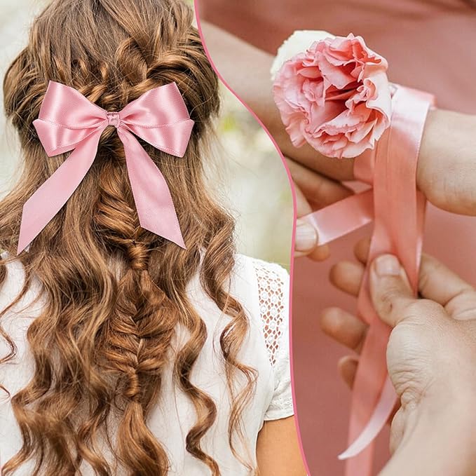 Pink Ribbon 1 inch 60 Yards Double Faced Pink Christmas Decor Ribbon for Lei Bows Crafts Gift Wrapping Flower Bouquet Wedding Party Vases Decorations
