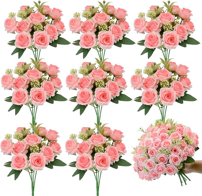 8 Pack Rose Artificial Flowers Bouquet, 10 Small Silk Rose Heads Per Pack, Fake Roses Bunches for Wedding Table Centerpieces Bridal Bouquet Mother's Day Valentine's Day Home Decor, Light Pink