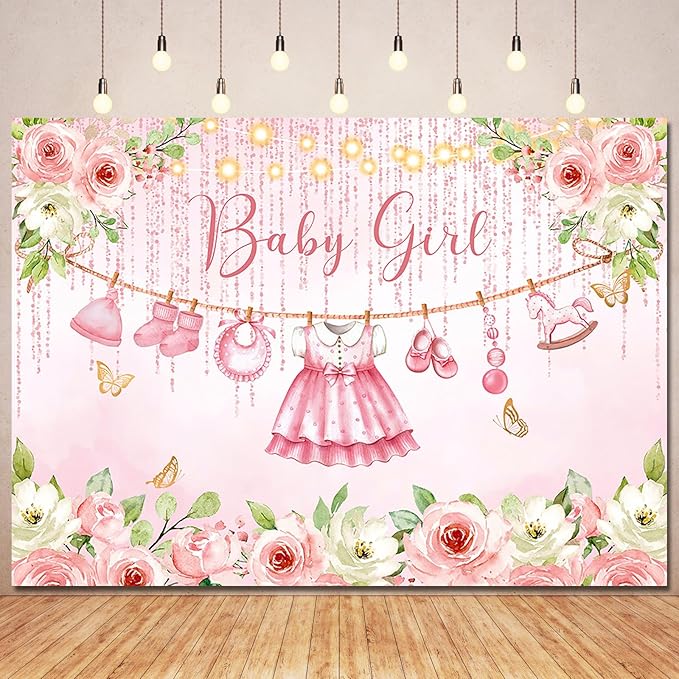 Pink Floral Baby Girl Baby Shower Backdrop Banner Decorations,Rose Gold Flower Its a Girl Banner Backdrops Photography Background for Baby Shower Newborn Party Supplies Photo Booth Props 5x3ft