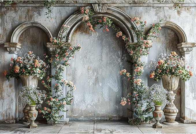 Baocicco 10x8ft Flower Castle Wall Photography Background Vintage Arch European Palace Victoria Wall Backdrop Women Themed Party Birthday Decorations Bridal Shower Ceremony Engagement Photoshoot