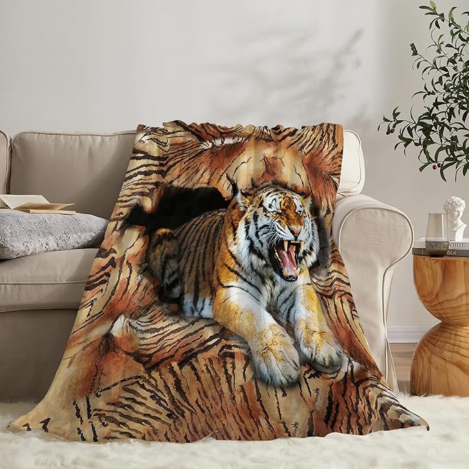 Tiger Throw Blanket, 80"x60", Microfiber Flannel Blend, Animal Print, Multicolor, Unisex, Adults & Kids, All Seasons
