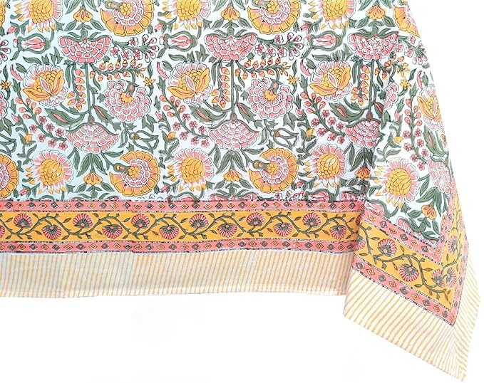 ATOSII Clover Yellow 100% Cotton Rectangle Fall Tablecloth, Handblock Floral Print Linen Table Cloth for Kitchen Dining I Parties, Outdoors, Christmas, Thanksgiving I 72 X 120 Inches I 10 Seater