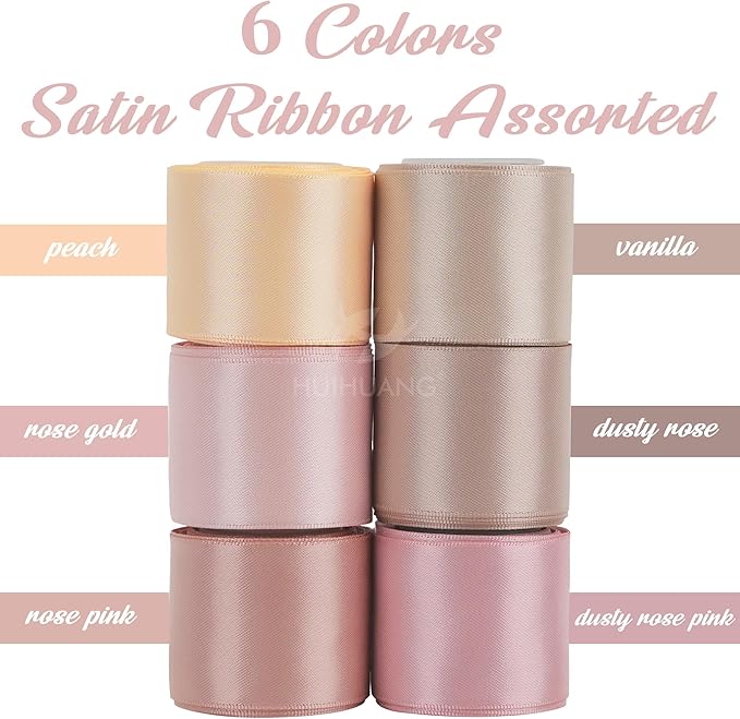 HUIHUANG Rose Pink Ribbon 1-1/2" Dusty Rose/Rose Gold/Rose Pink/Rosy Mauve/Vanilla/Peach Satin Ribbons for Wedding Flower Bouquet Bows Bridal Gift Wrap and Crafts- 6 Rolls, Total 30 Yards