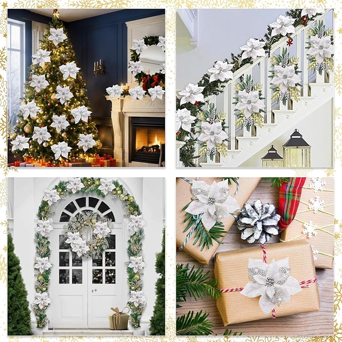 24 Pcs Christmas Poinsettia Flowers Artificial with Clips, 5.9" Christmas Decor Glitter Poinsettia Flowers for Christmas Tree New Year Wedding Party Wreath DIY Garland Decor (Sliver)