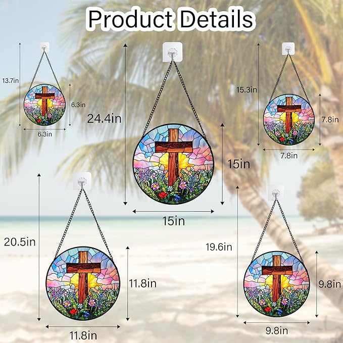 Christian Gifts for Women - Cross Stained Glass Window Hanging Jesus Easter Colorful Wildflowers Sun Catcher Garden Religion Decor Mother's Day Catholic Gift for Men Grandma Mom Her 7.8"