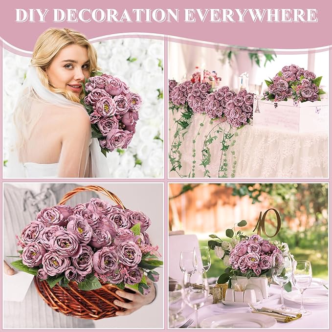 8 Bundles Artificial Peonies Flowers Boho Faux Flowers Arrangements Artificial Centerpiece Spring Bouquet Floral Wedding Decoration for Vase(Dark Purple)