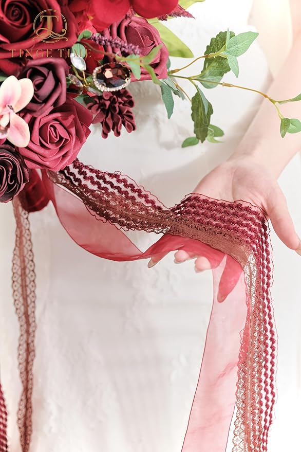 TINGE TIME 17 Inch Artificial Bridal Bouquet Realistic Silk Wedding Bouquet, Durable Fake Flowers for Brides, Bridesmaids, Home Decor, and Events (Burgundy Red)