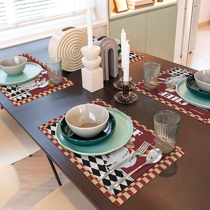 Chef Kitchen Linen Placemats Set of 4 Funny Fat Chef Red Plaid Placemats for Indoor Outdoor Party Home Desktop Dining Room Decor 12x18 Inch