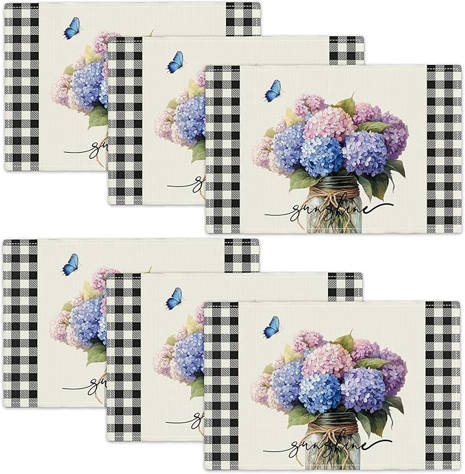 Farmhouse Hydrangea Placemats Set of 6, Country Sunshine Flowers Place Mats, Rustic Spring Butterfly Dining Table Mats, Washable Placemats for Kitchen Dining Room 18L'' × 12W''