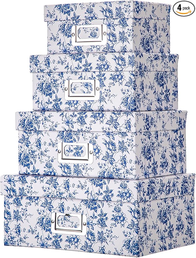 Briful Blue and white Porcelain Storage Boxes, Photos Storage Boxes with Lids 4 in 1 Set Water-proof Gift Boxes Sets Decorative Multiple Size Storage Bins for Clothes/Office/Christmas Decorations