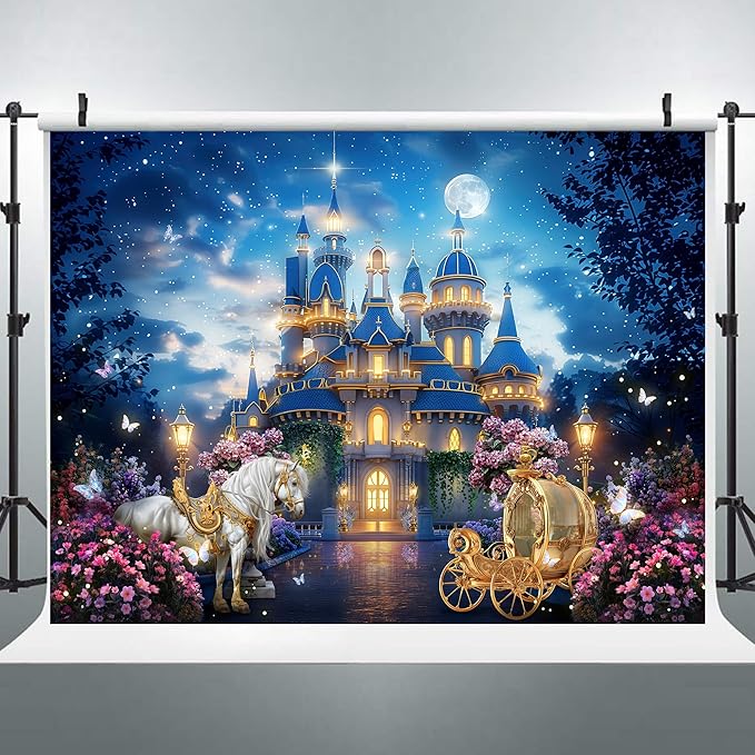 Riyidecor Princess Castle Backdrop Polyester Fabric Garden Floral Starry Night Horse Carriage 8Wx6H Feet Fairy Tale Wonderland Photography Background Wedding Birthday Photo Studio Shoot