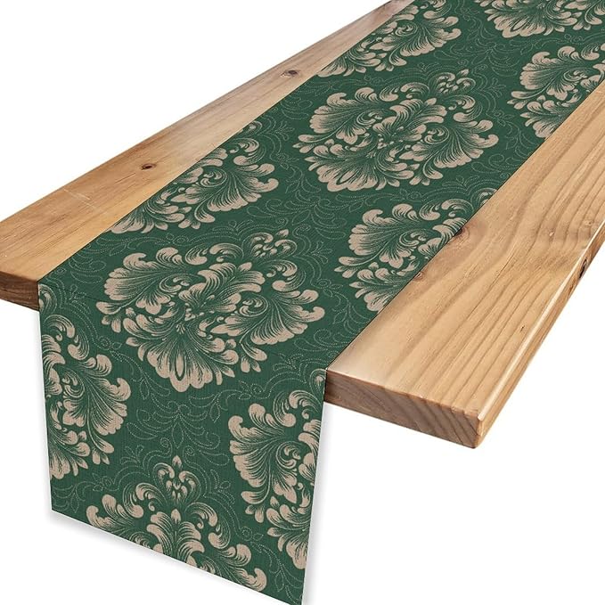 Vintage Damask Table Runner, Green Classical Luxury Old Fashioned Damask Royal Victorian Floral Print Table Center Decor for Family Kitchen Table Decorations Indoor Outdoor 13x90 inch