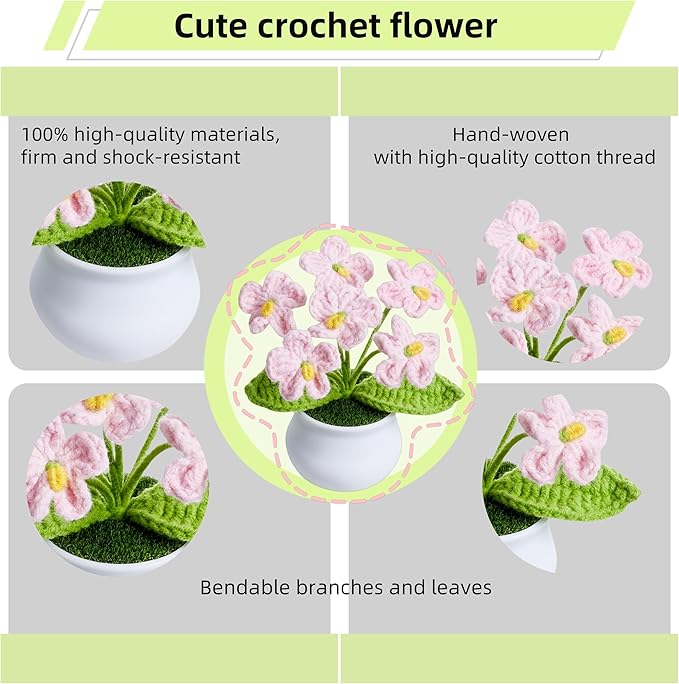 Crochet Flowers Cute Handmade Knitted Potted Flower Plants Gifts for Women Teacher Coworkers Birthday Anniversary Valentines Christmas Decorationsfor Car Dashboard Home Room Office Desk Decor