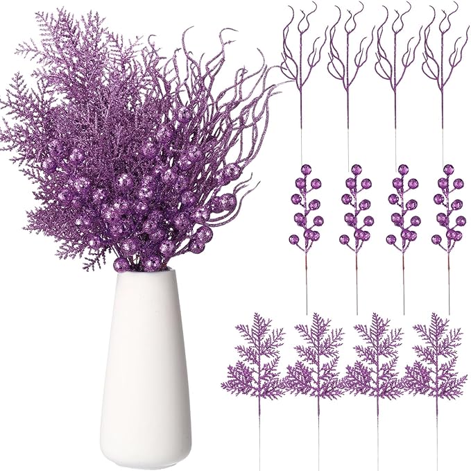 75 Pcs Christmas Glitter Branches 3 Styles Artificial Christmas Picks Berries Stems Pine Needles Floral Twig Spray for Xmas Tree Ornaments DIY Wreath Garland(Purple)