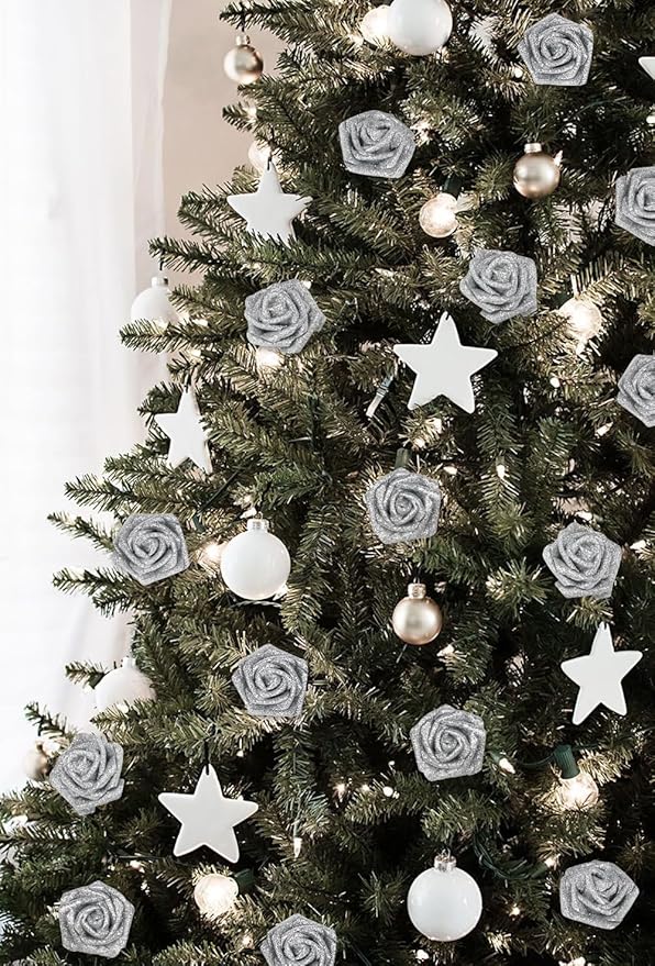 Fake Roses,50PCS Silver Roses Artificial Flowers 2.76" Foam Roses with Stems for Wedding Christmas DIY Wreath Home Table Floral Arrangement(Silver)